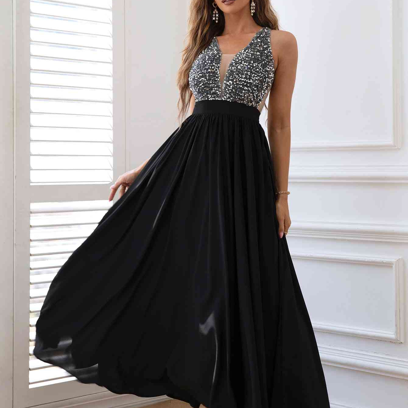 Contrast Sequin Sleeveless Maxi Dress - Analia's Boutiques
